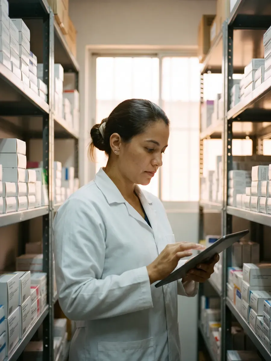 Química farmacéutica revisando inventario con tablet (imagen ilustrativa, no representa a una persona real)