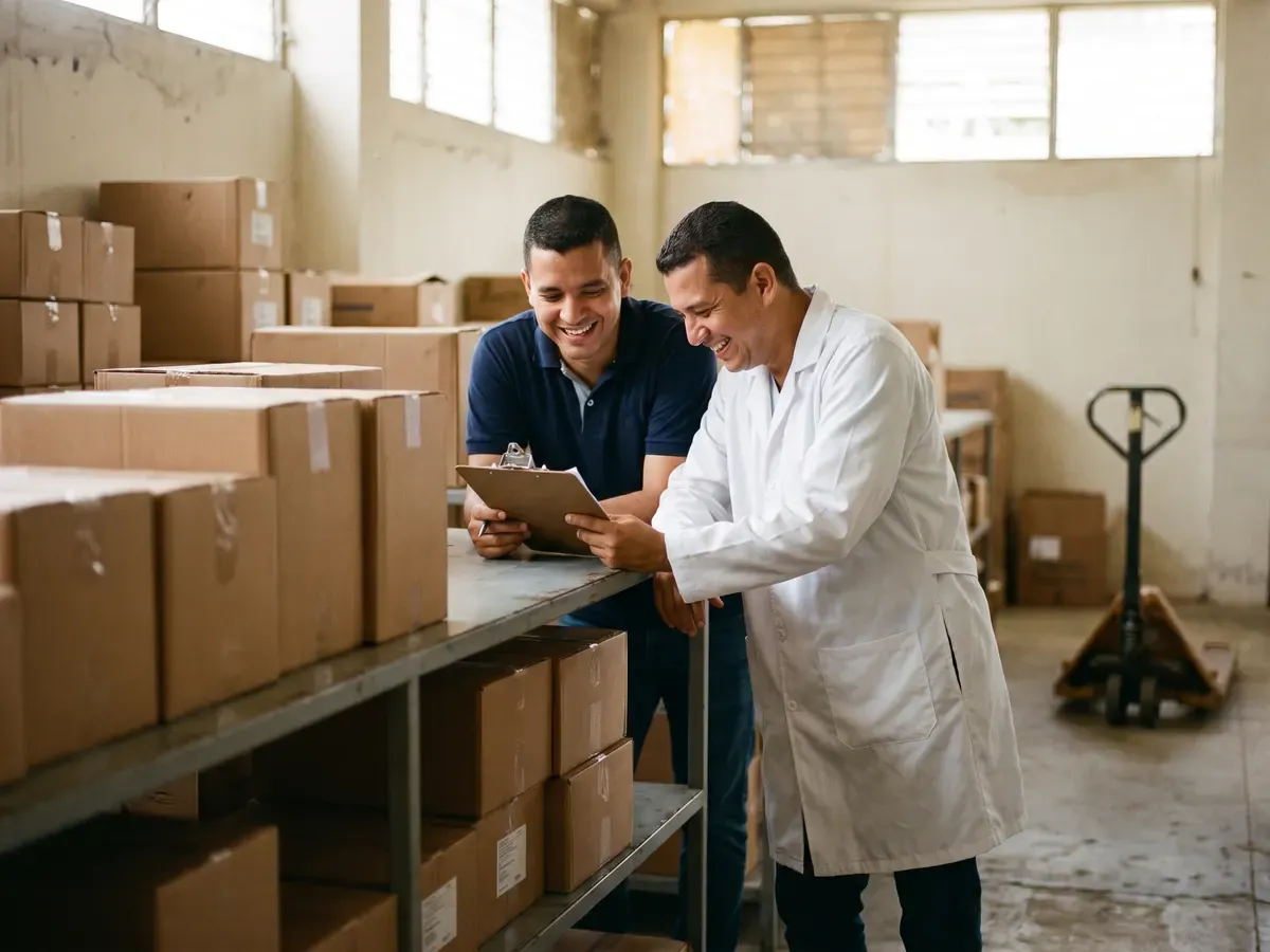 Dos compañeros revisando un pedido en bodega (imagen ilustrativa, no representa a personas reales)